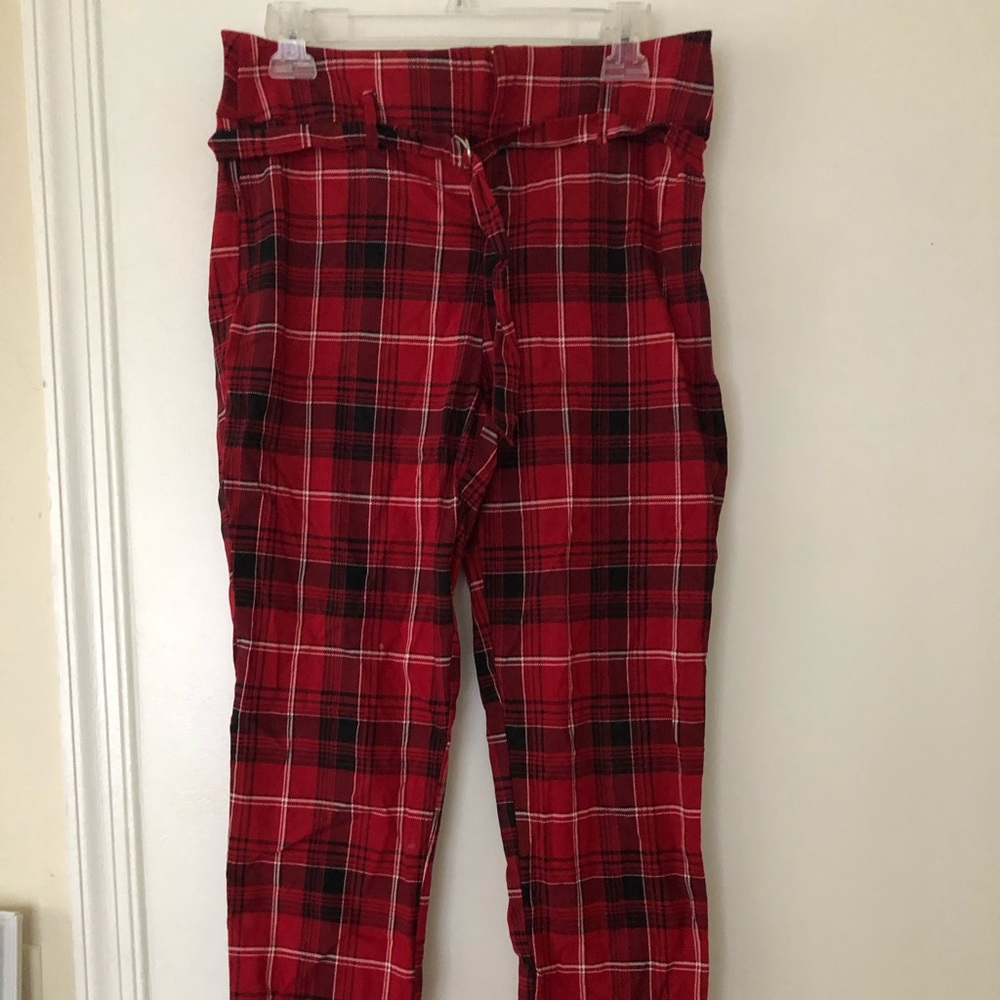 red gingham style pants